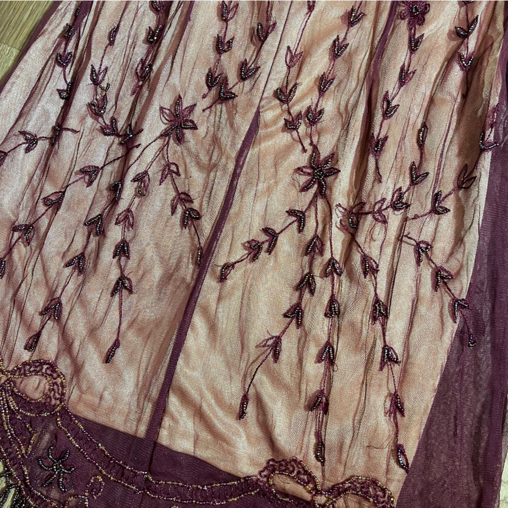Vintage Y2K Beaded Dress Vintage Embroidered Mesh Burgundy Bow Flapper Dress - Picture 9 of 14